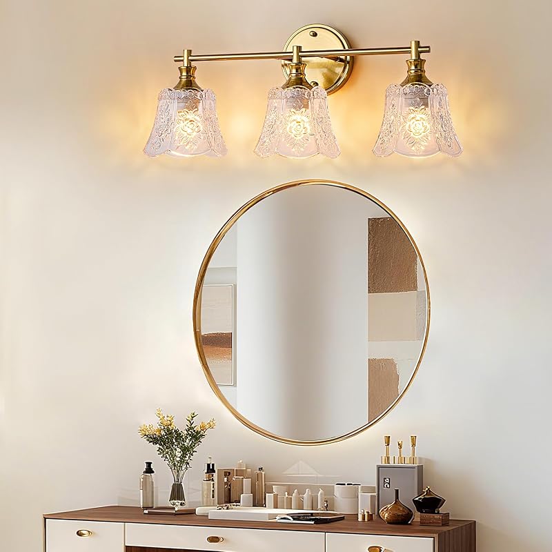 Lámpara baño 3 luces sobre espejo vidrio dorado