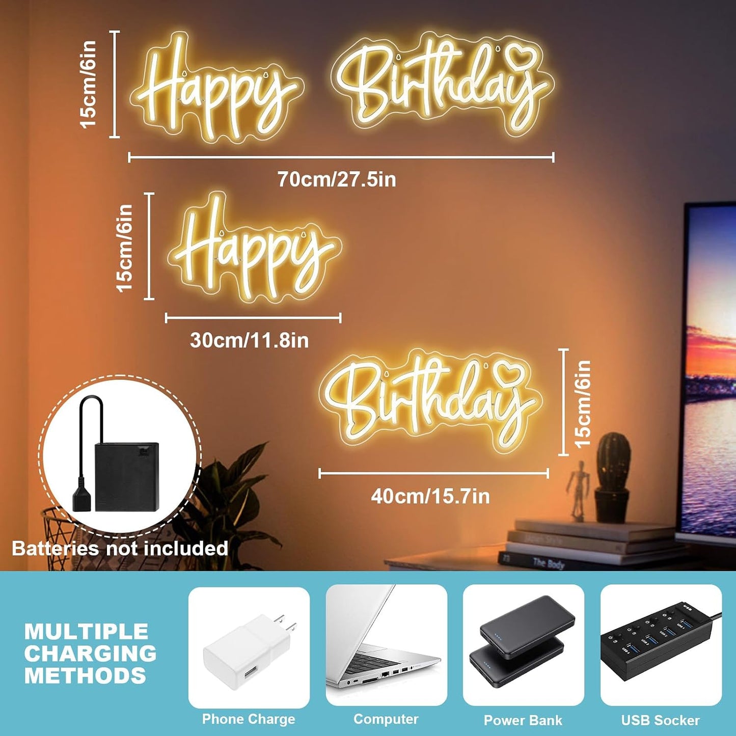Letrero neón feliz cumpleaños luz LED regulable blanca