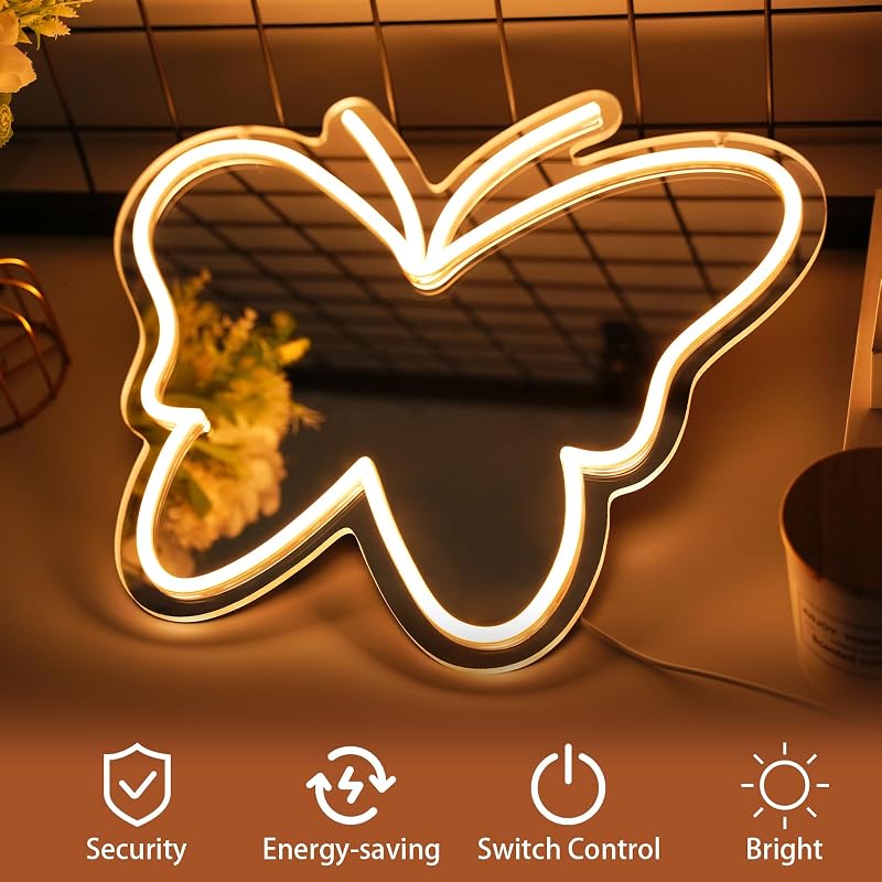 Letrero Neón LED con Espejo Mariposa Decoración Hogar Niñas