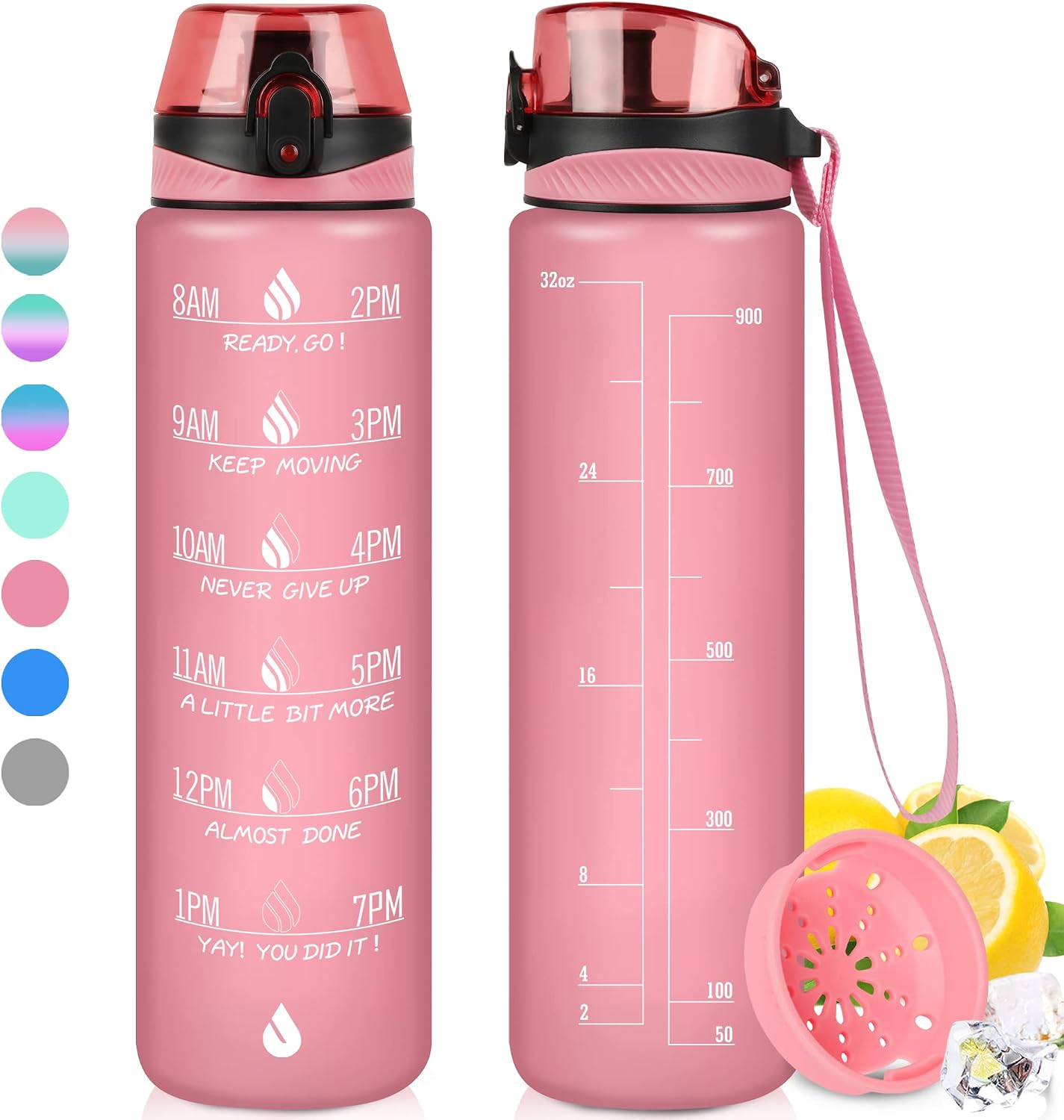 Botella agua Tritan 32oz con marcador tiempo colador