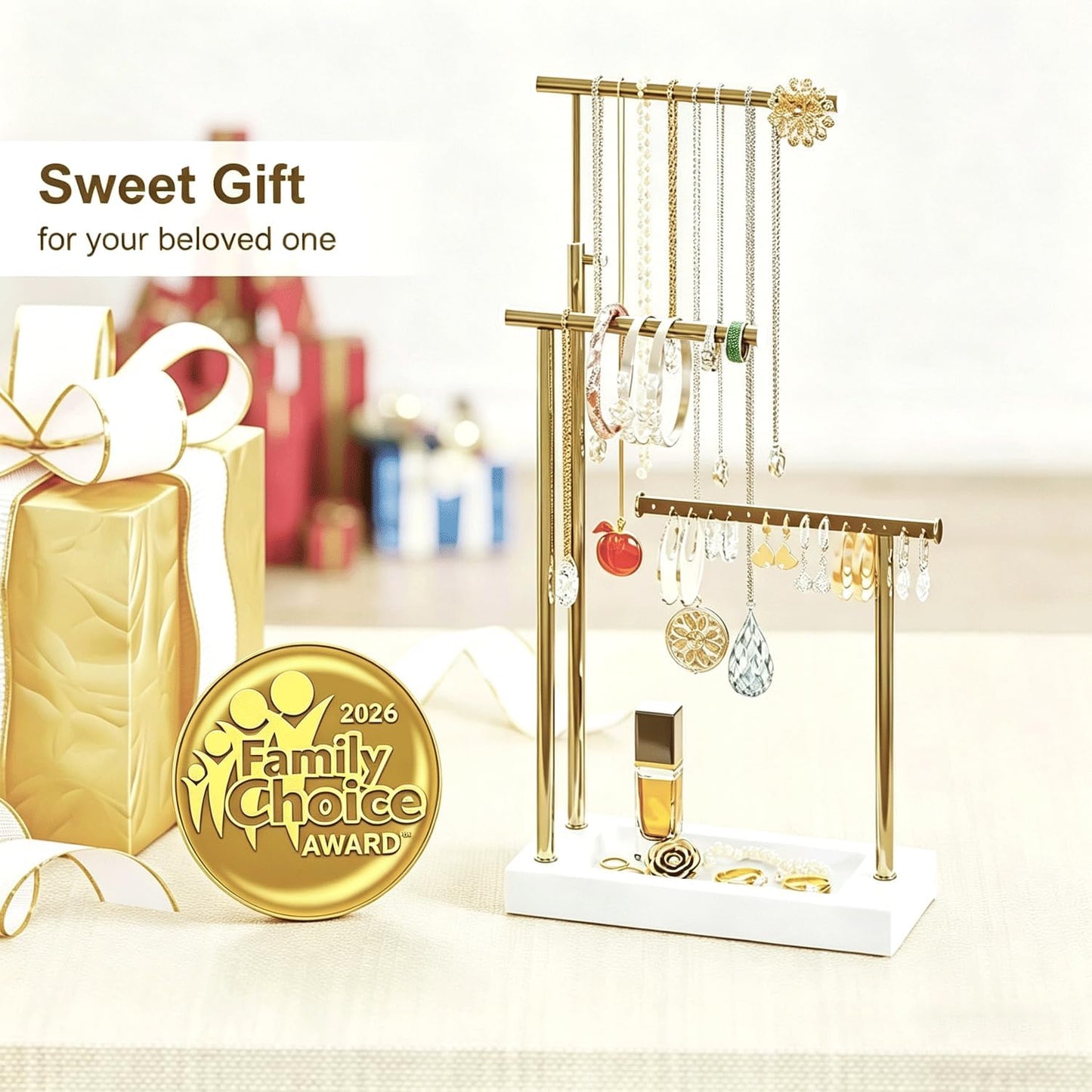Organiz. joyas soporte collares árbol 3 niveles blanco dorado