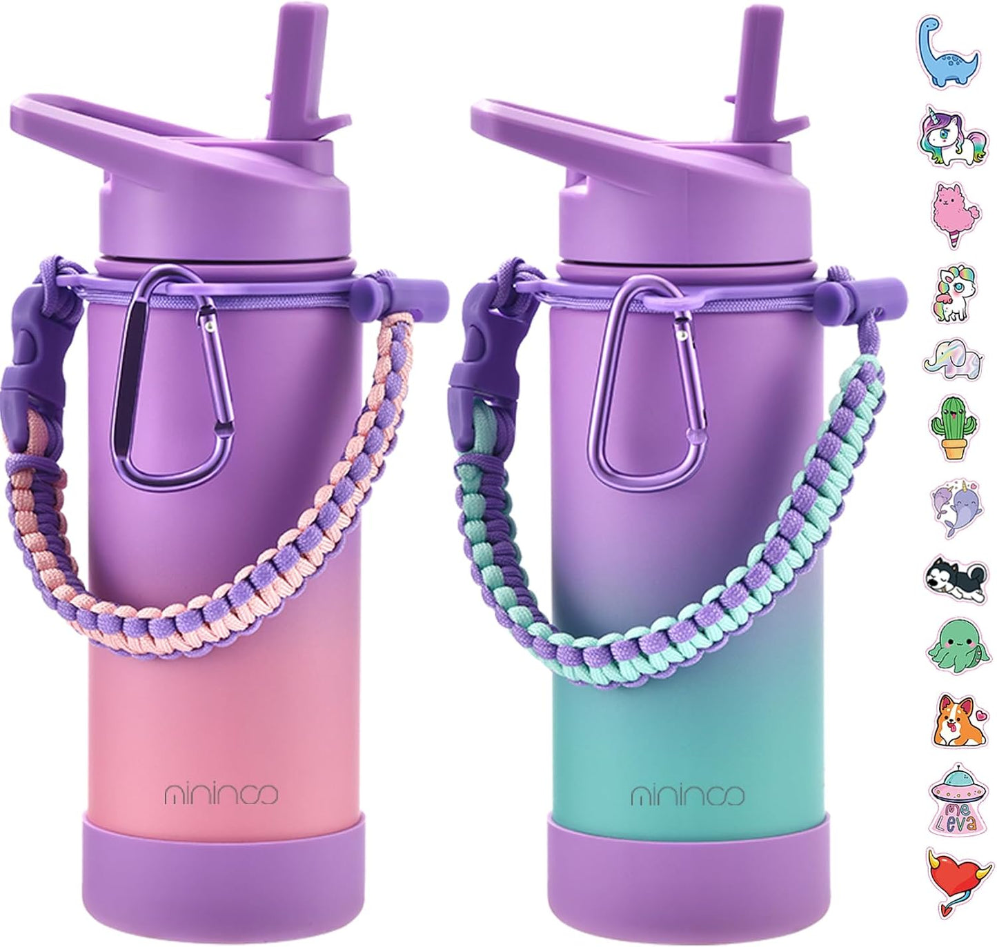 Botella agua niña acero inox 16oz con pajita set 2