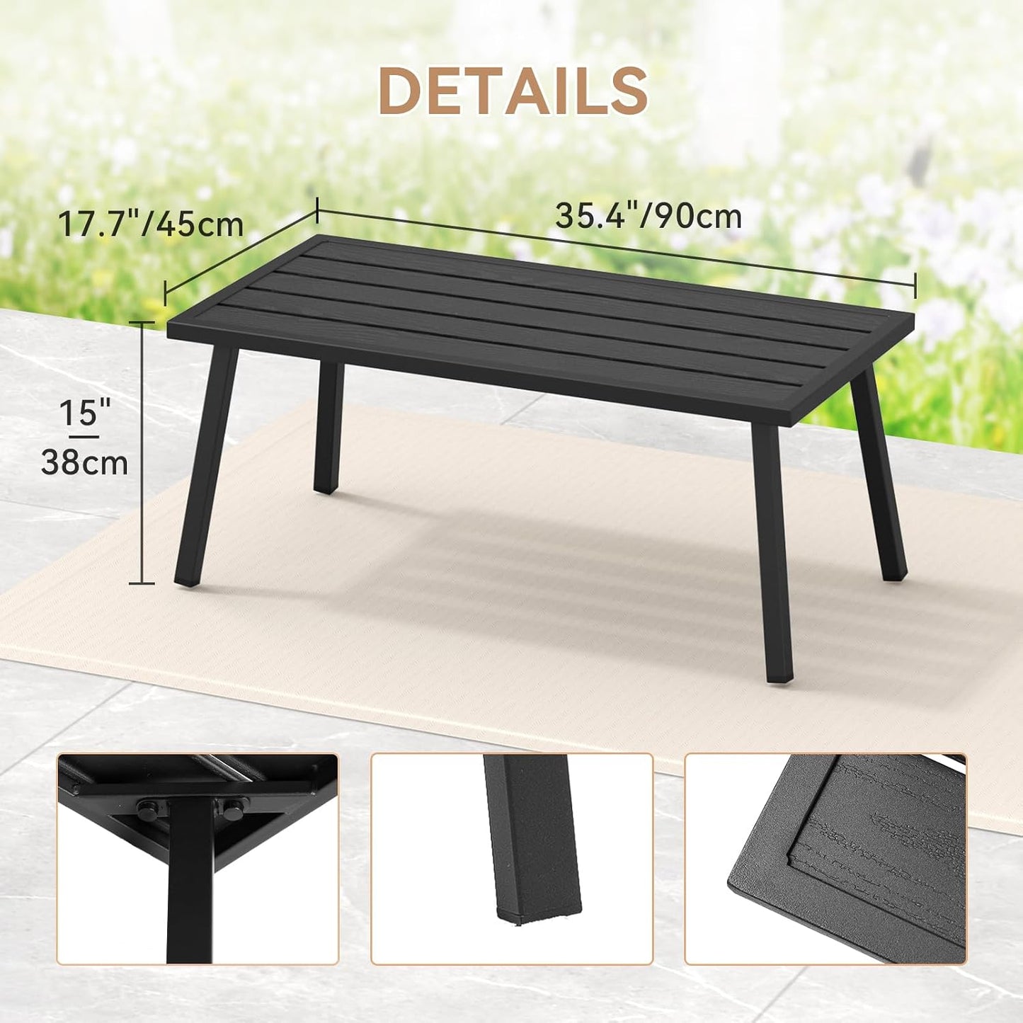 Mesa auxiliar metal negro rectangular para patio