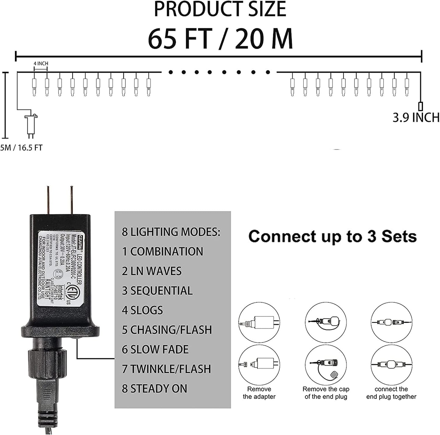 200 Luces LED Navidad 65ft Impermeables 8 Modos Blanco Cálido