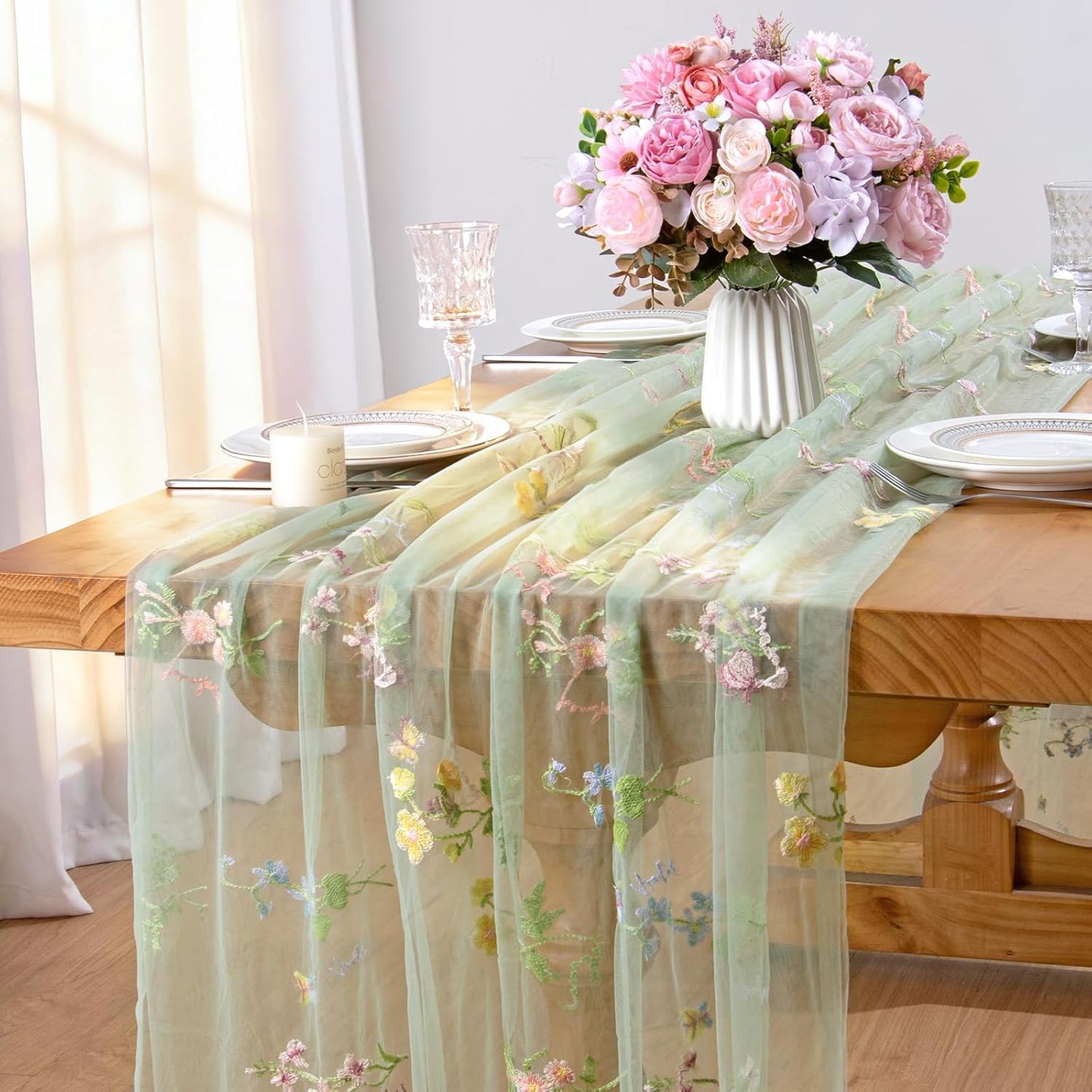 Camino mesa gasa verde flores bordadas 30x120pulg floral decoración