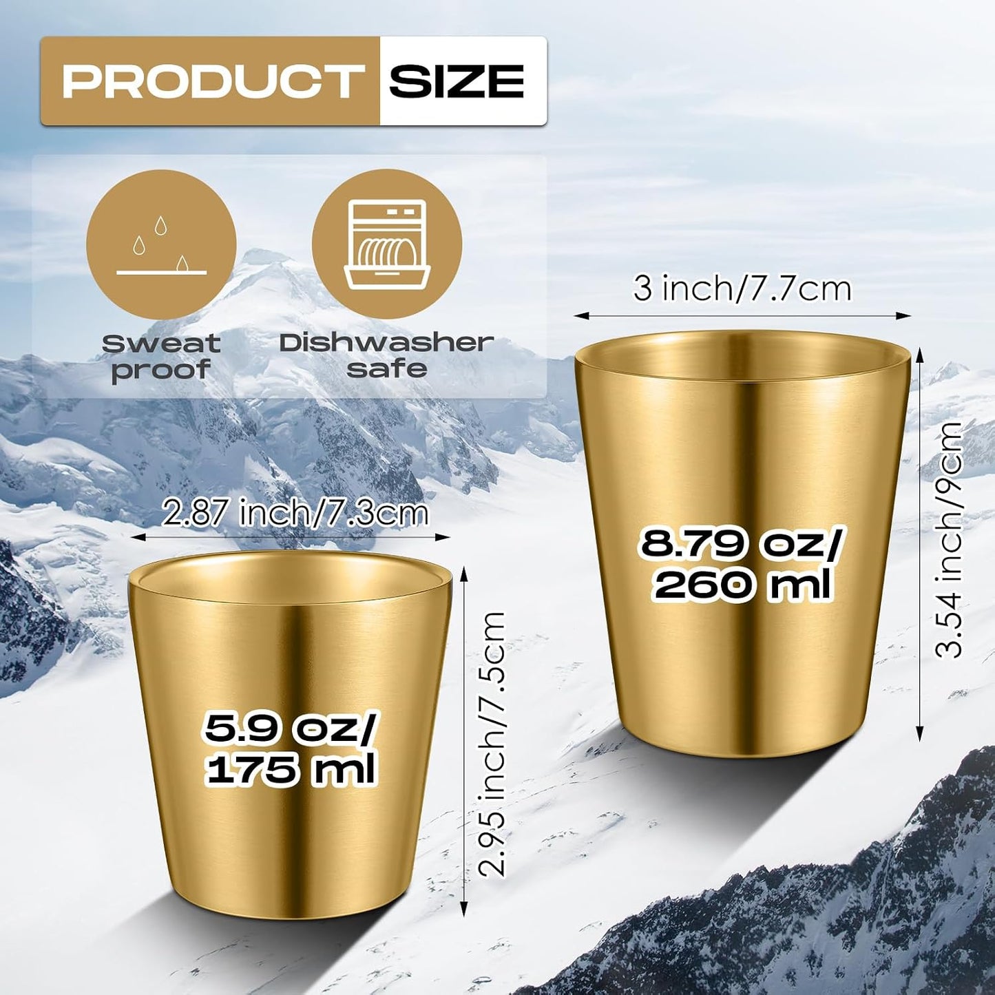 8 Vasos Aislados Acero Inox 5.9oz Doble Pared Dorado