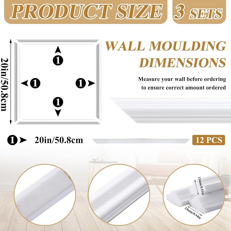 Kit 3 Molduras Pared Adhesivas Blancas Precortadas