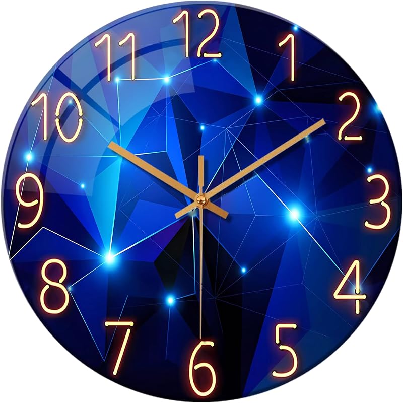 Reloj pared azul decorativo vidrio redondo 12pulg silencioso