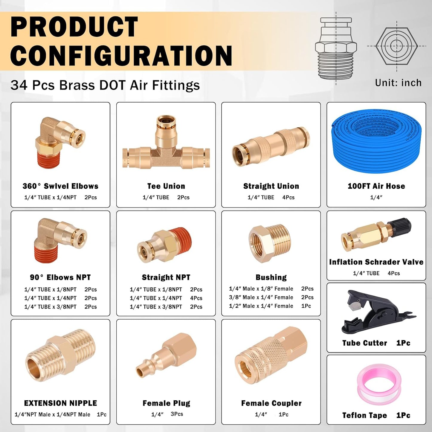 Línea aire 100pulg 1/4 kit 34 pzas latón acoplador enchufe