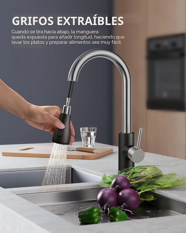 Grifo cocina rociador desplegable acero inox 1 o 3 orificios