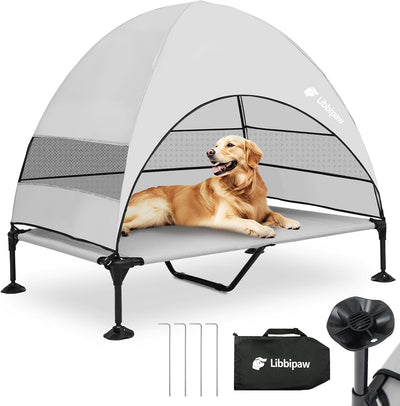 Cama elevada perros resistente viento toldo 90% UV malla Teslin 150lb gris XL