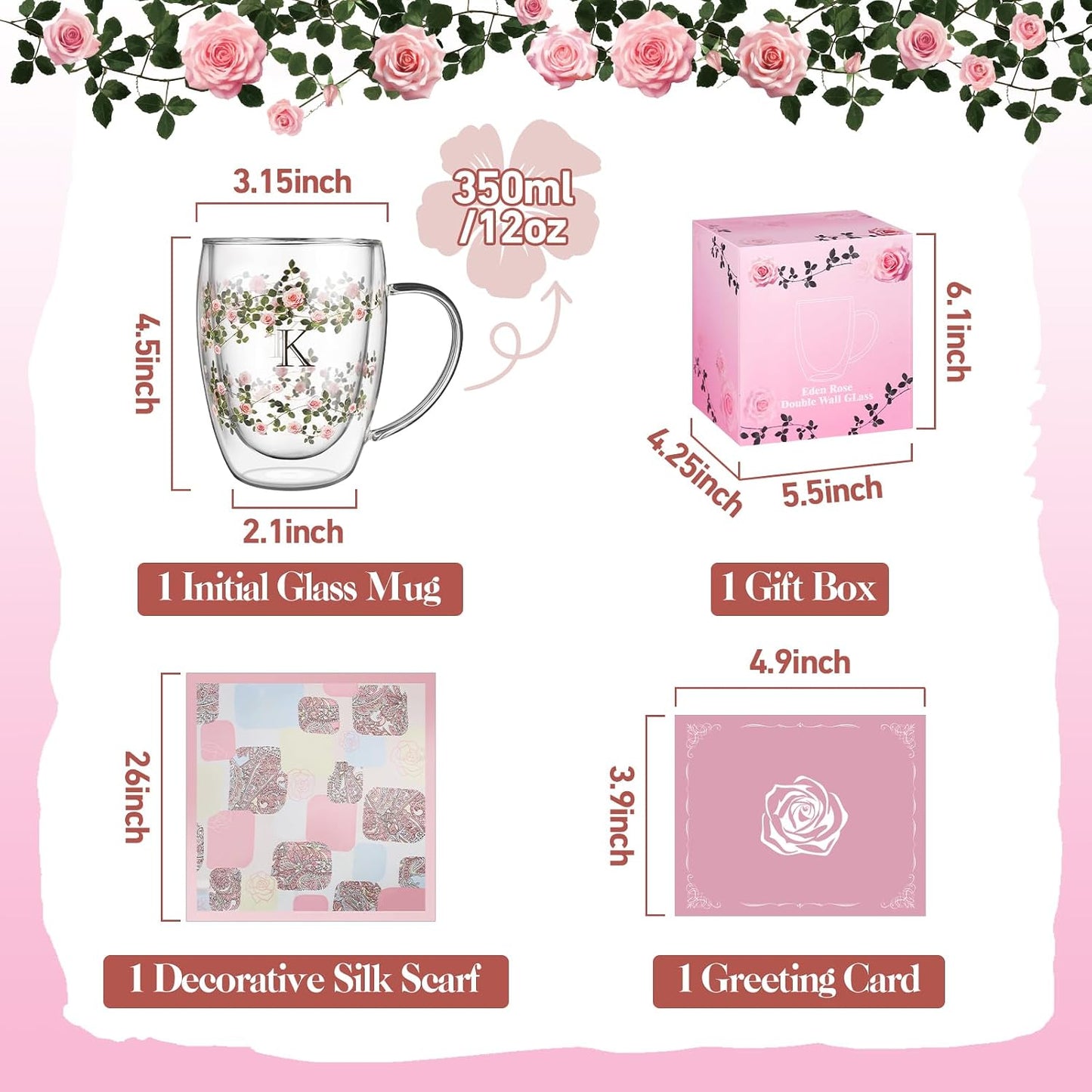Taza cristal doble pared rosa 12oz con inicial para mujer