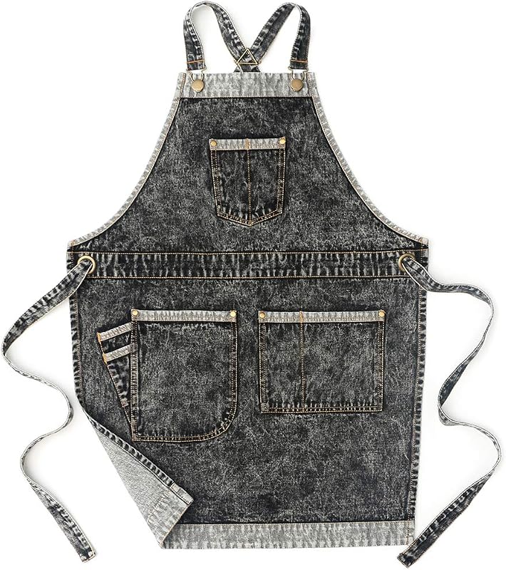 Delantal mezclilla con bolsillos ajustable S a XXXL Negro