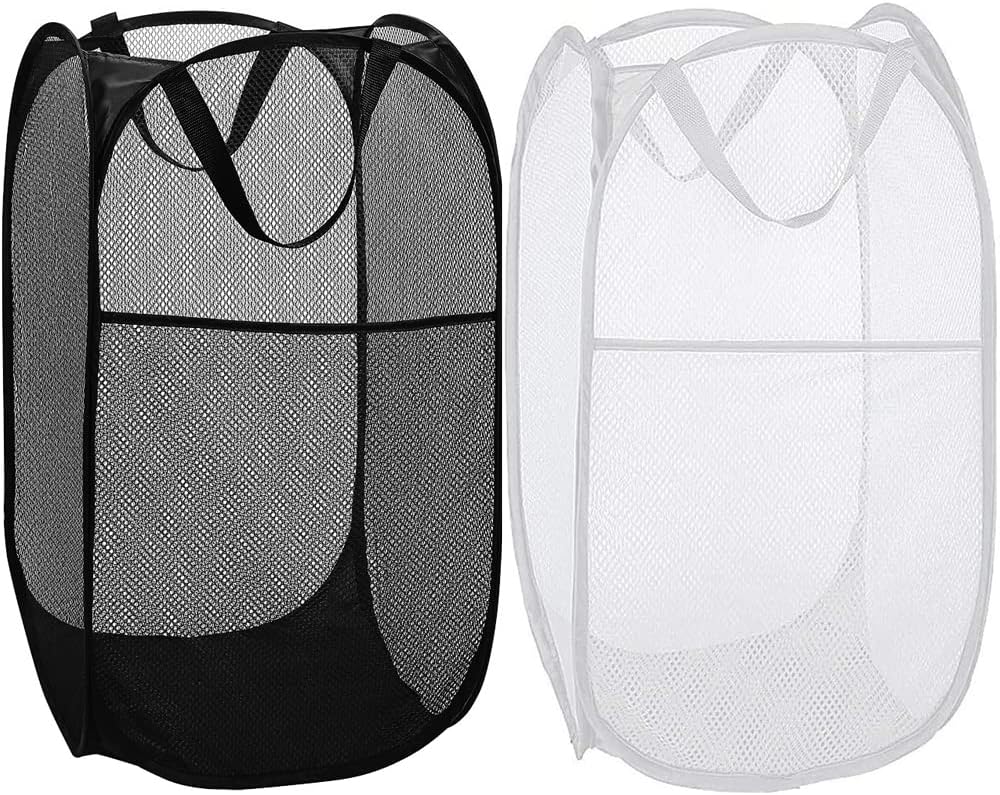 Cesta ropa sucia malla plegable con bolsillo negroblanco