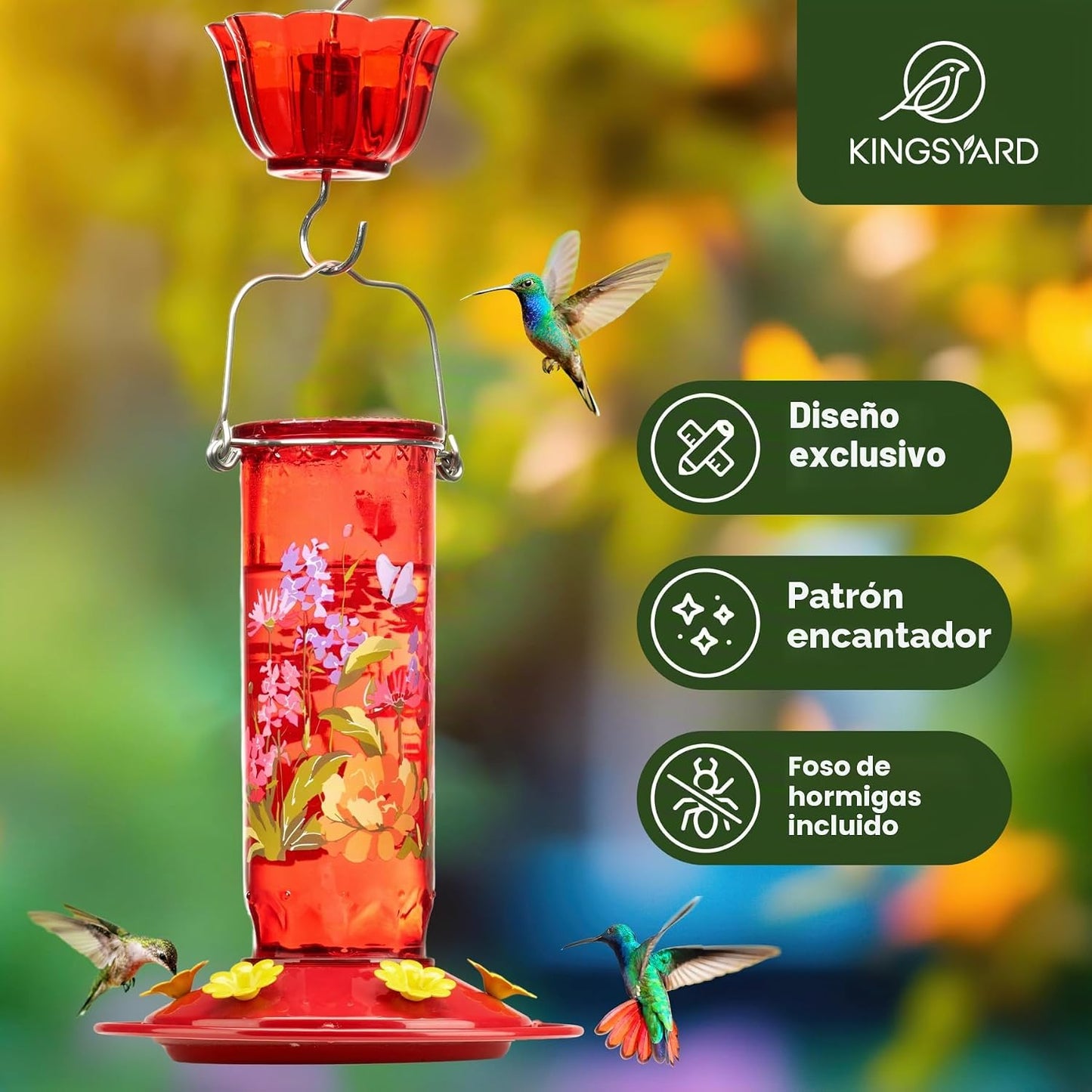 Comedero colibríes vidrio con 6 puertos y foso hormigas