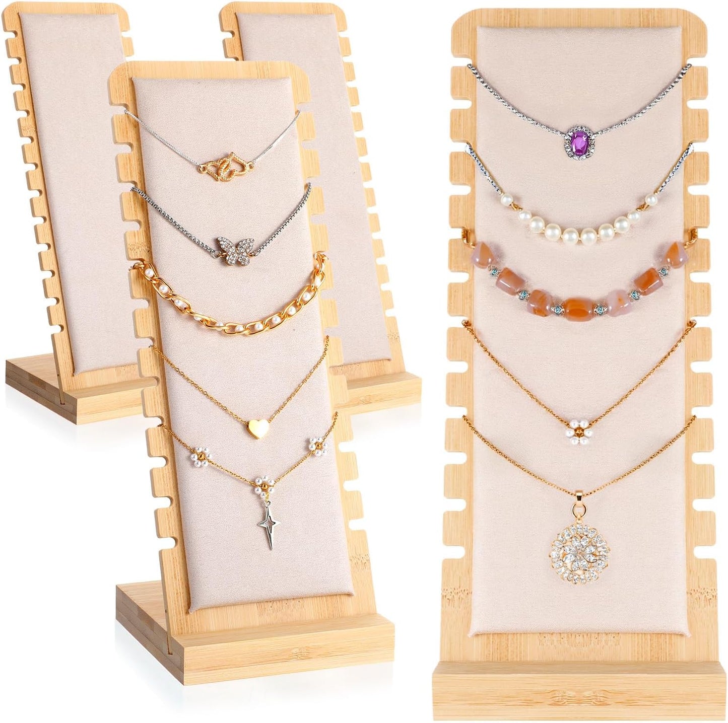 4 Alfombrillas Bambú Natural Soporte Collares Pulseras Beige