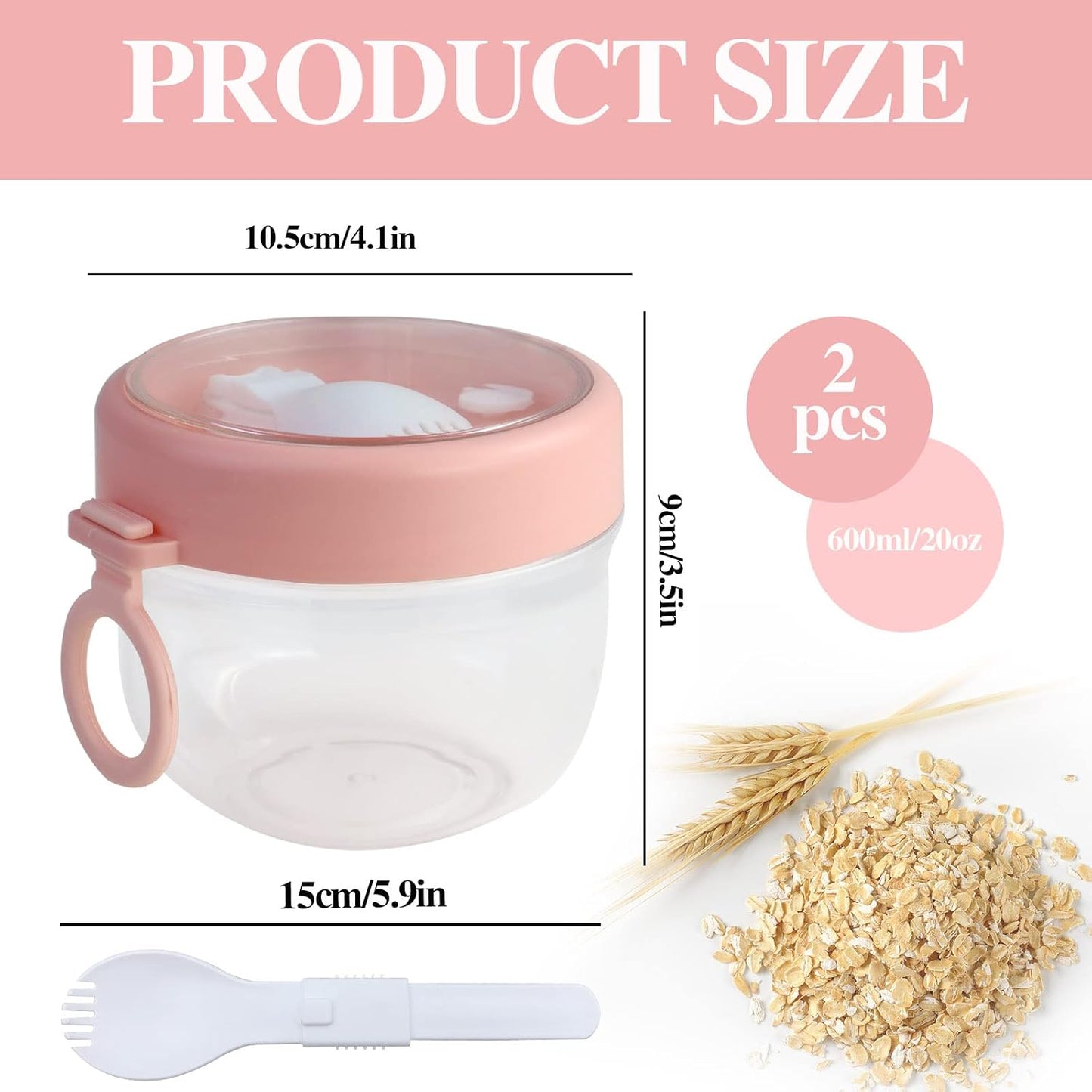 2 Recipientes Avena 20oz Plástico con Tapas y Cuchara