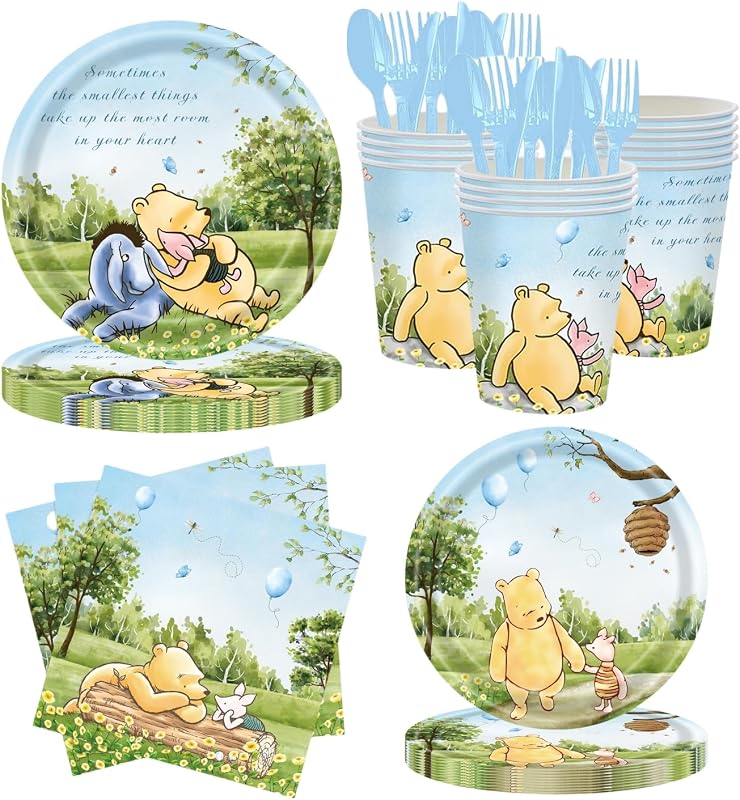 Juego 25 invitados decoración winnie azul platos servilletas tazas