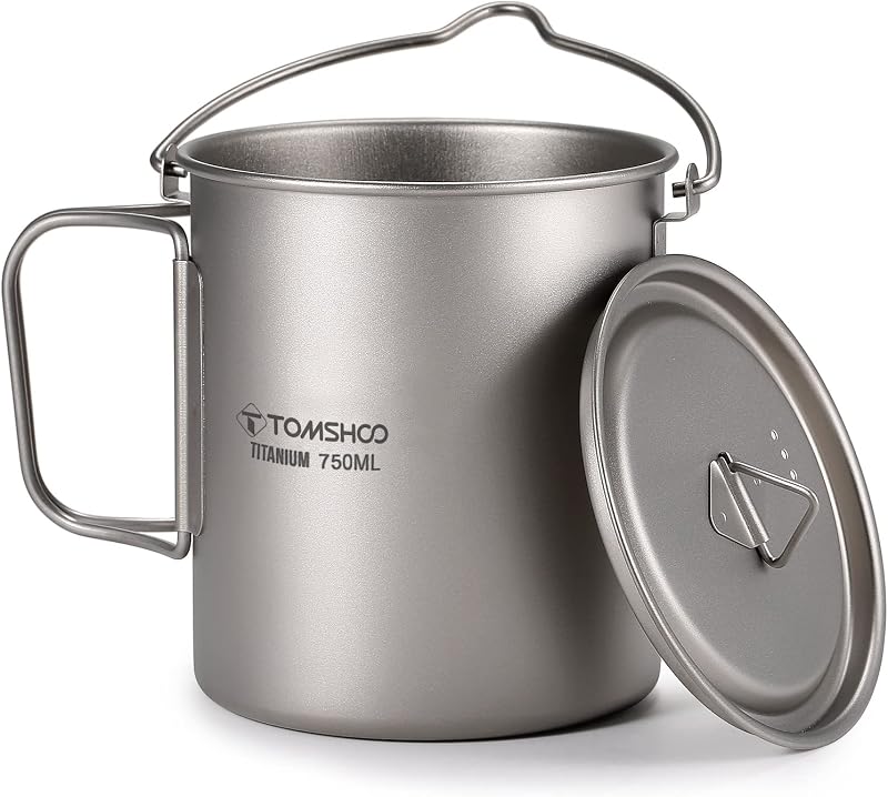Taza titanio camping con tapa mango plegable 25.4oz