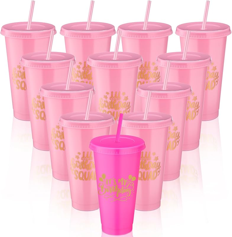 Vasos plástico cumpleaños 24oz con tapa pajita 12pzas Rosa