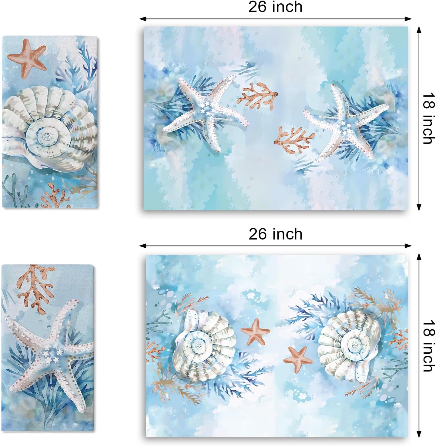 Set 2 Paños Cocina Náuticos Estrellas Mar Conchas Coral