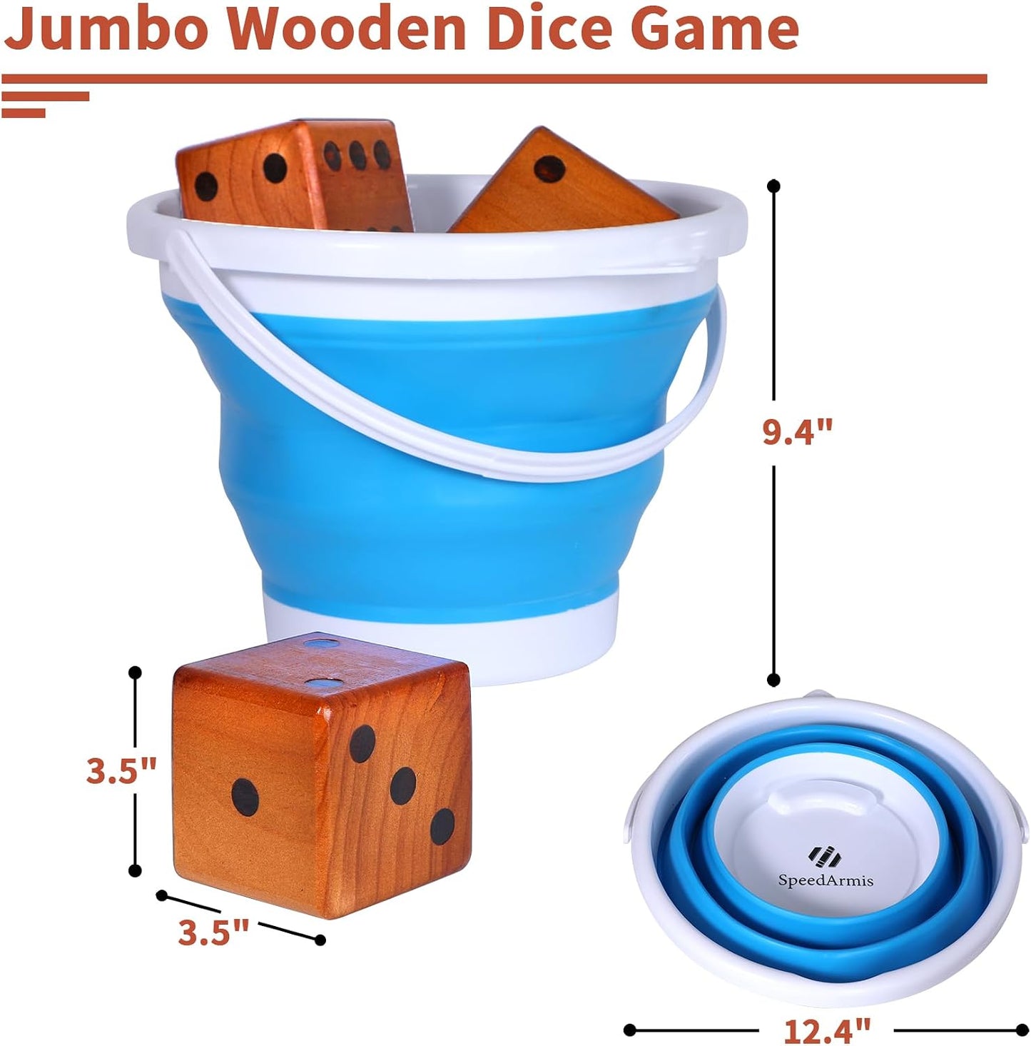 Set dados madera 3.5" Yatzee césped con cubo plegable