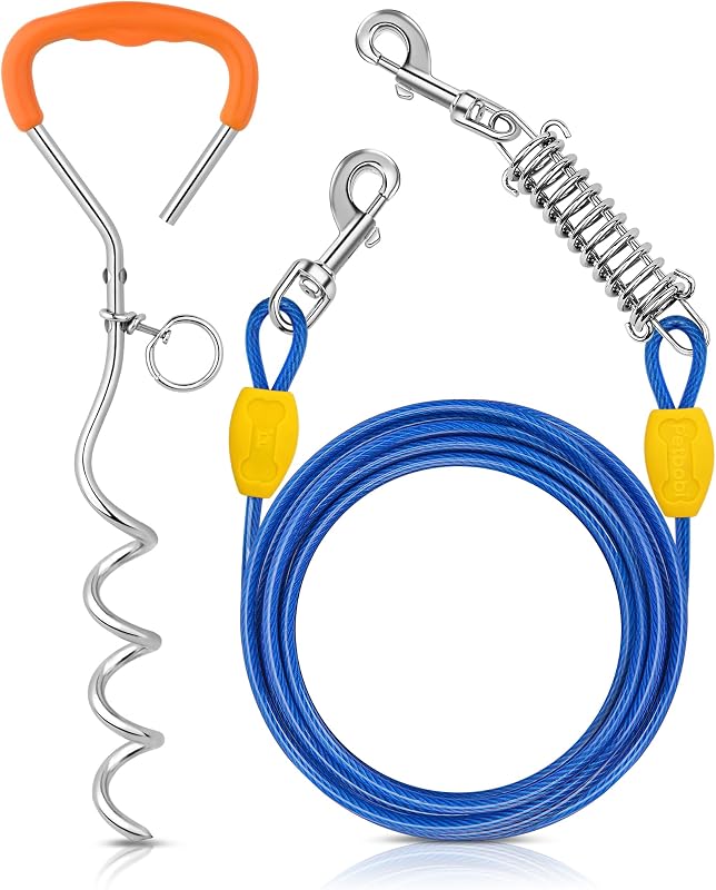 Cable amarre perros 10ft con resorte estaca 16pulg