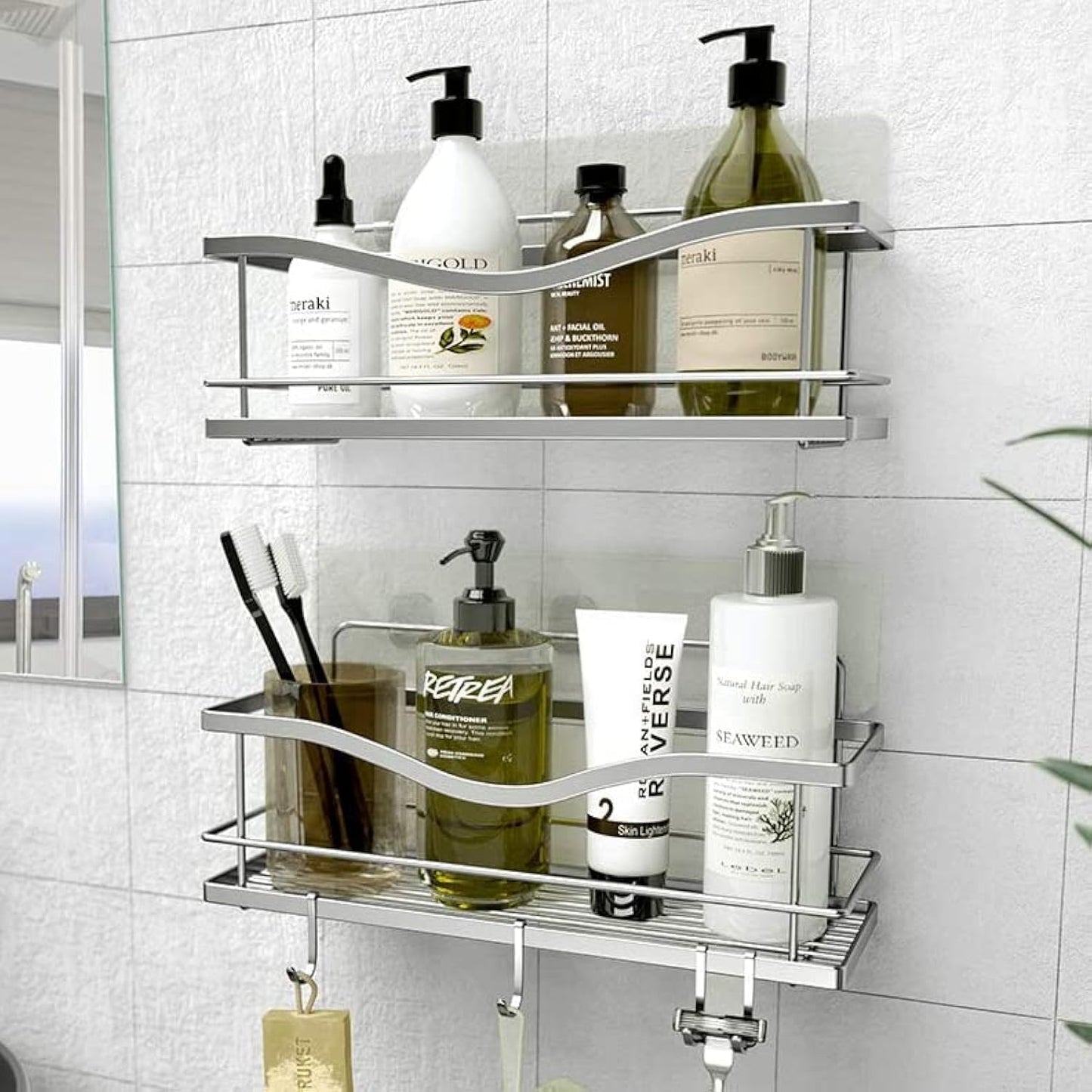Organiz. ducha autoadhesivo 2 estantes acero inox