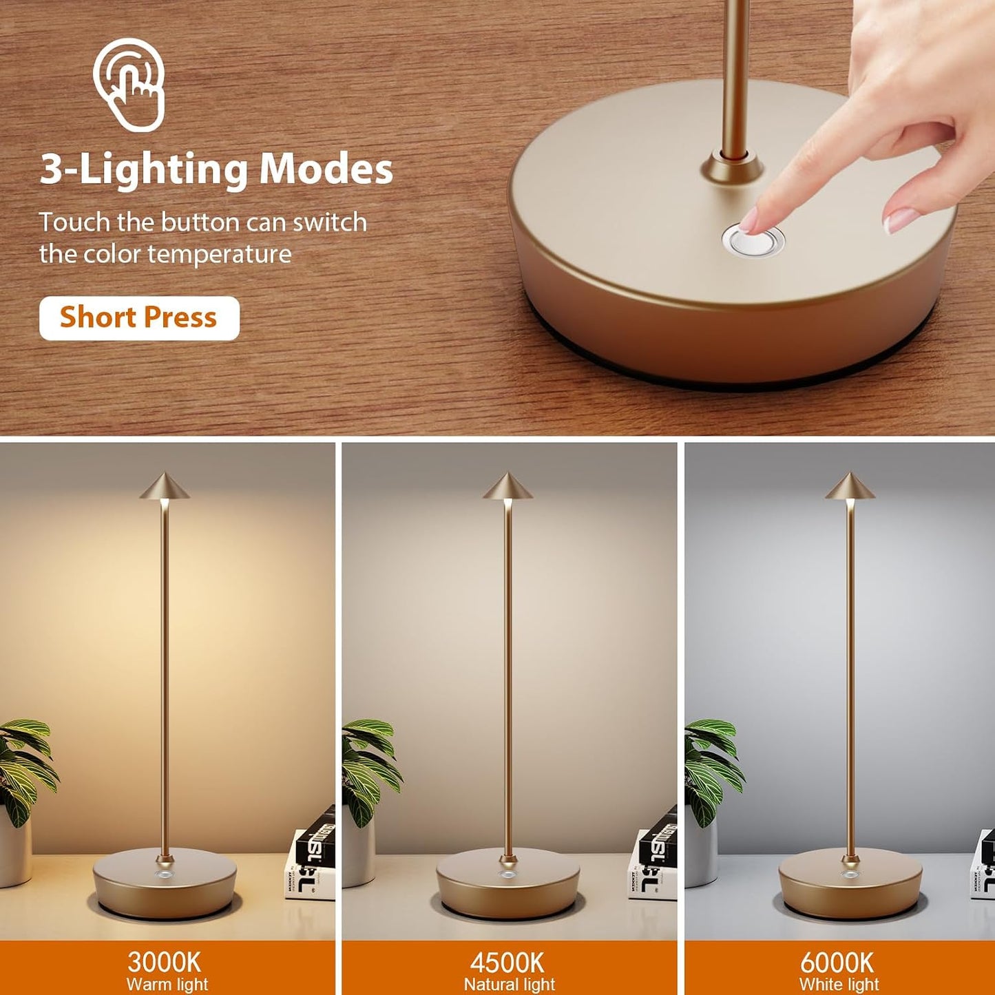 2 Lámparas Mesa Inalámbricas Led 6000mah Metal 3 Niveles