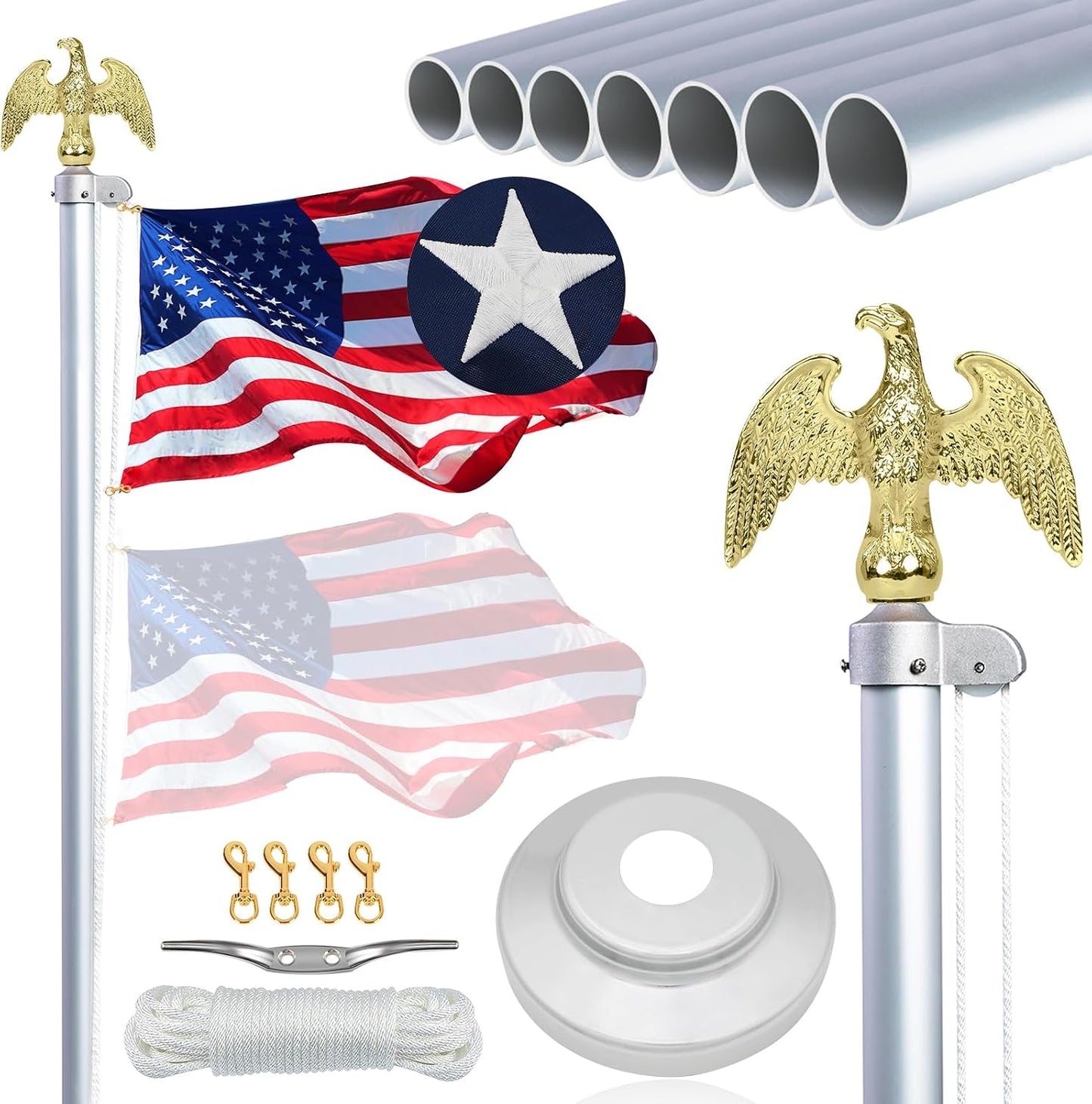 Mástil bandera 20ft aluminio base plateado decoración águila