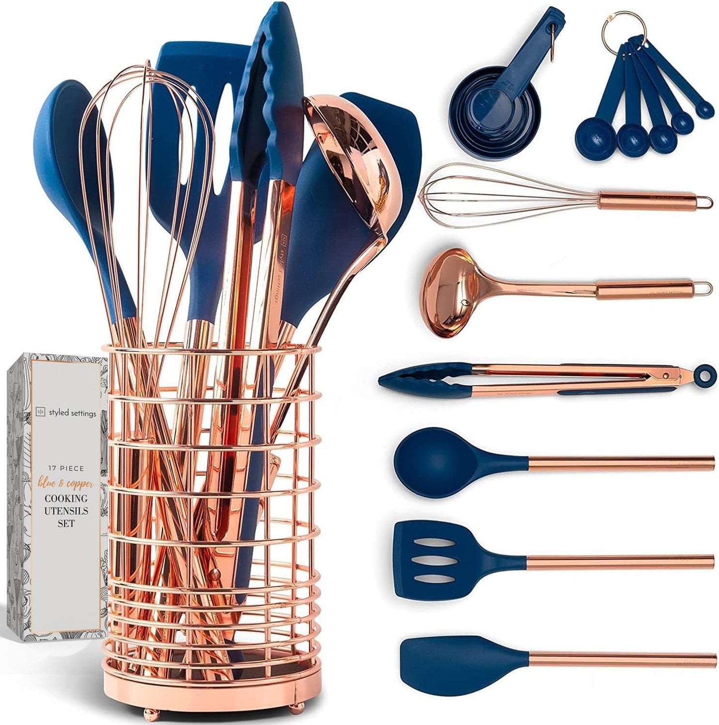 Set 17 Pzas Utensilios Silicón Cobre Azul