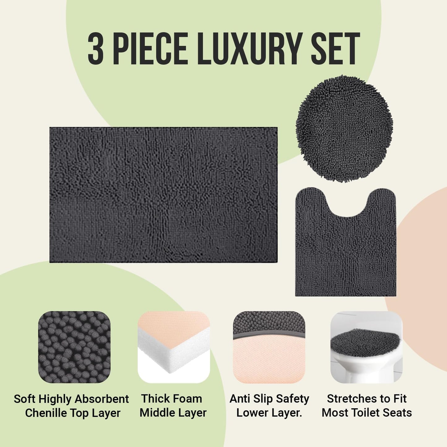 Set 3 Tapetes Baño Antiderrap 24x21 34x21" y Funda Tapa