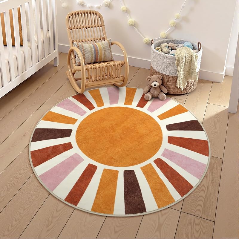 Alfombra bohemia redonda 4ft para niños antiderrap lavable