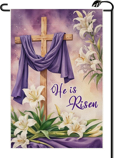Bandera jardín Pascua 12x18pulg doble cara cruz lirio morado