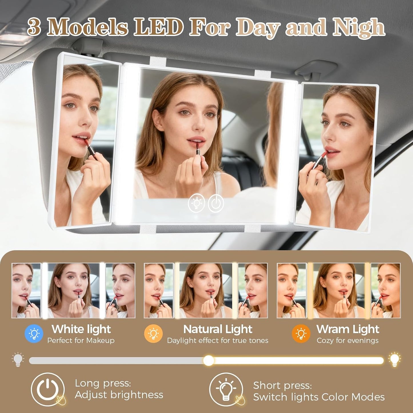 Espejo maquillaje coche 3 modos luz visera recargable