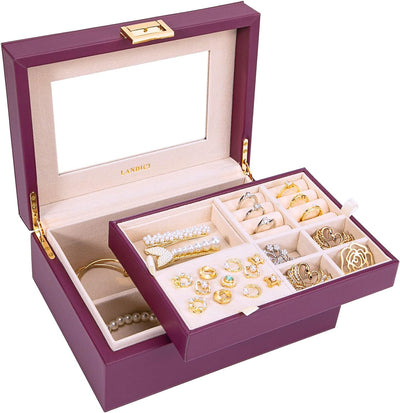 Caja organizadora joyas adolescente con espejo cuero morado