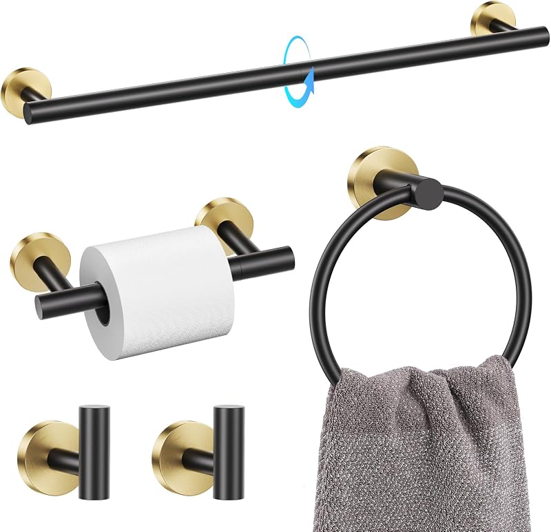 Set 5 Pzas Soporte Toalla Acero Inox 60cm Negro Dorado