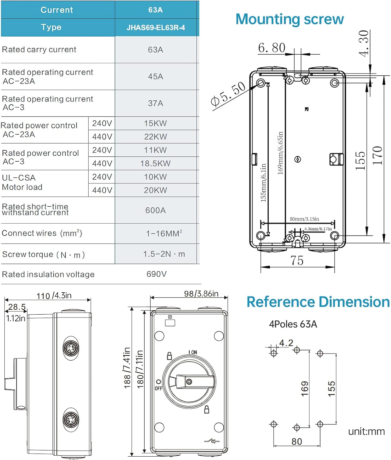 Caja interruptor desconexión 63A 690V 4 polos IP66 3 fase