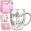 Taza cristal doble pared rosa 12oz con inicial para mujer