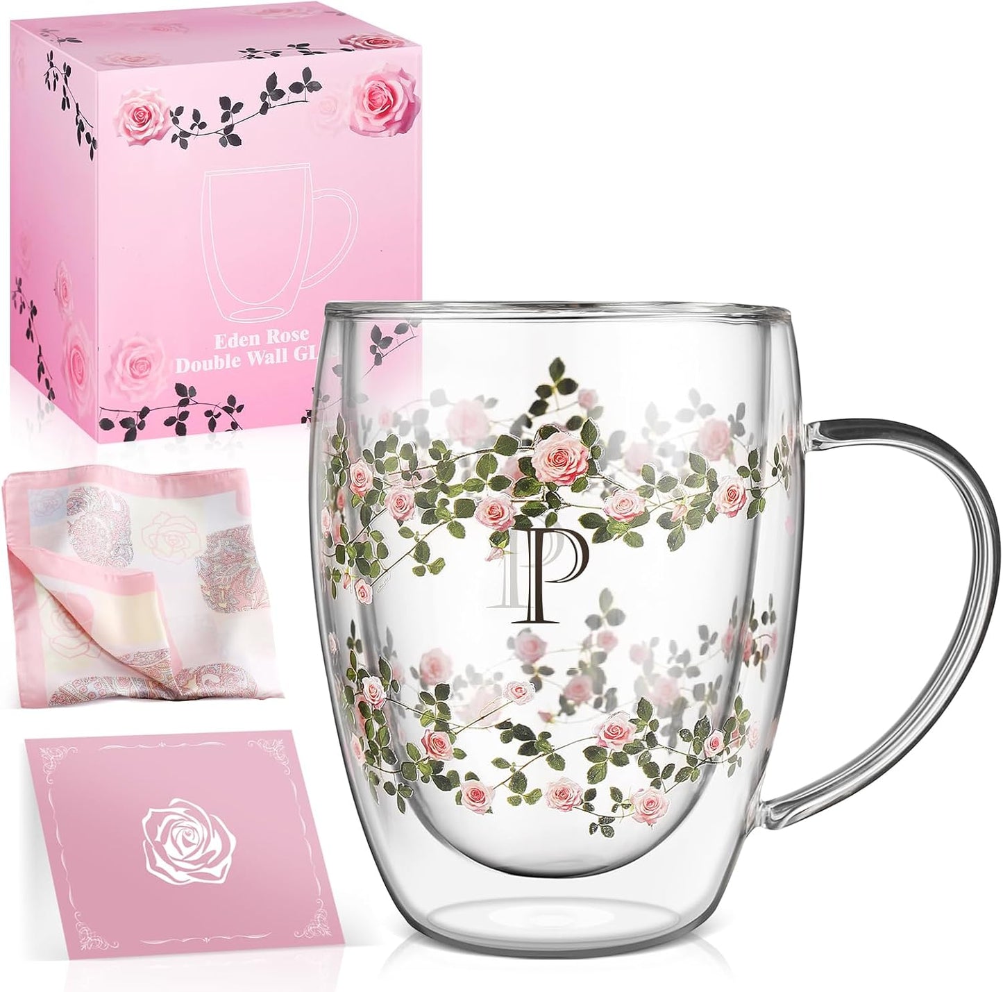 Taza cristal doble pared rosa 12oz con inicial para mujer