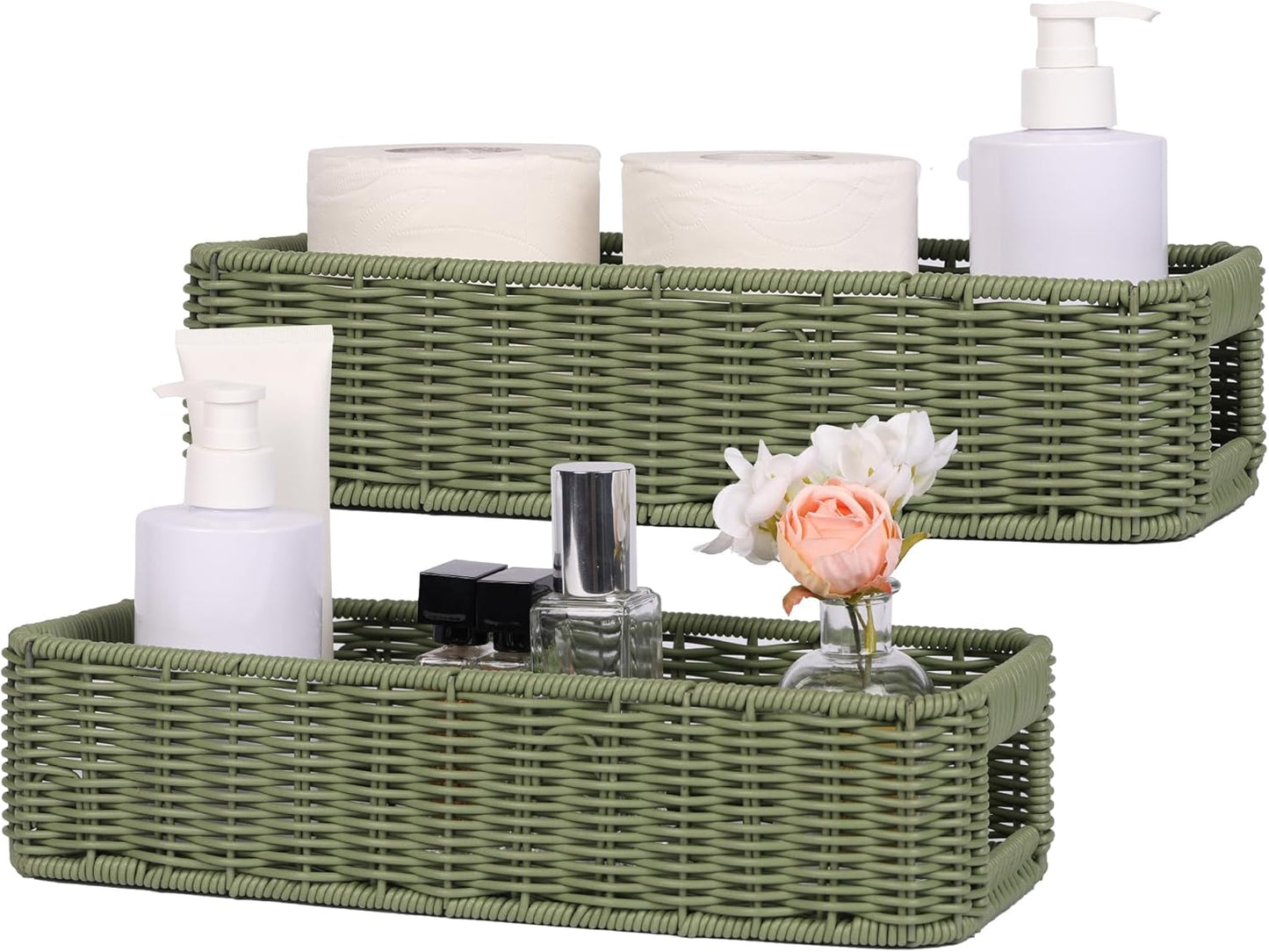 Cesta mimbre resina organiz. tocador verde salvia 2 pzas