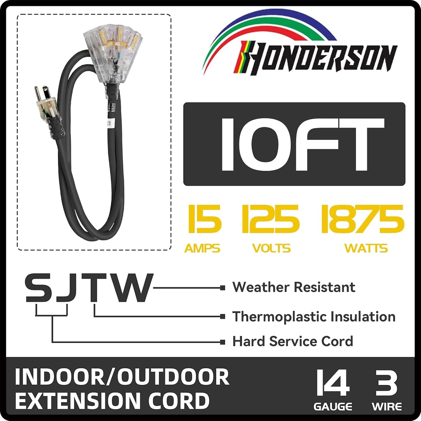 Cable extensión 3 salidas resistente intemperie 14-10pies negro