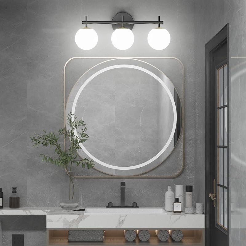 3 Luces Tocador Baño Vidrio Blanco Leche Negro Dorado