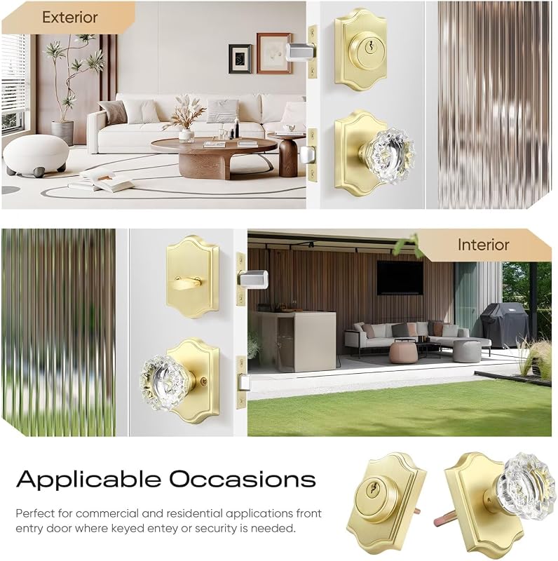 Set pomo puerta cristal dorado cilindro