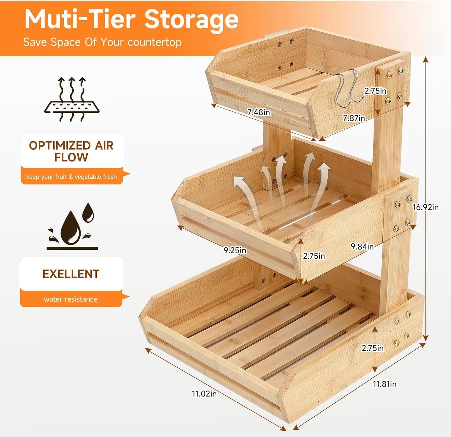 Soporte bambú 3 niveles para frutas y verduras con gancho plátano