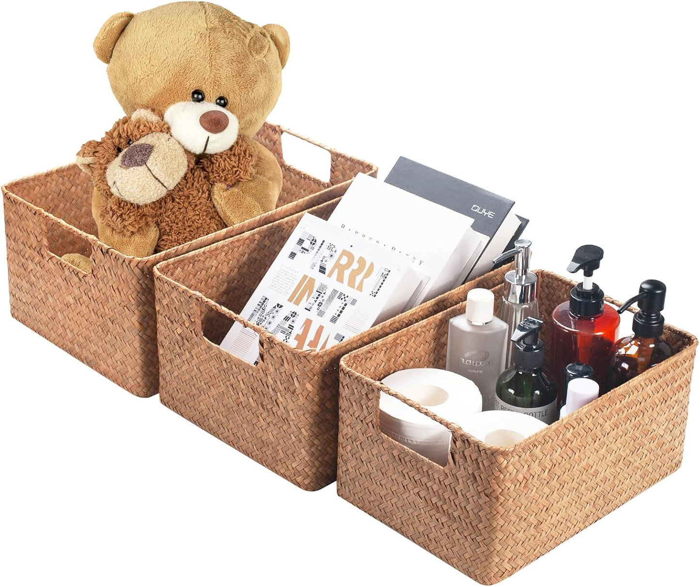 Set 3 cestas mimbre tejidas multitamaño con asas