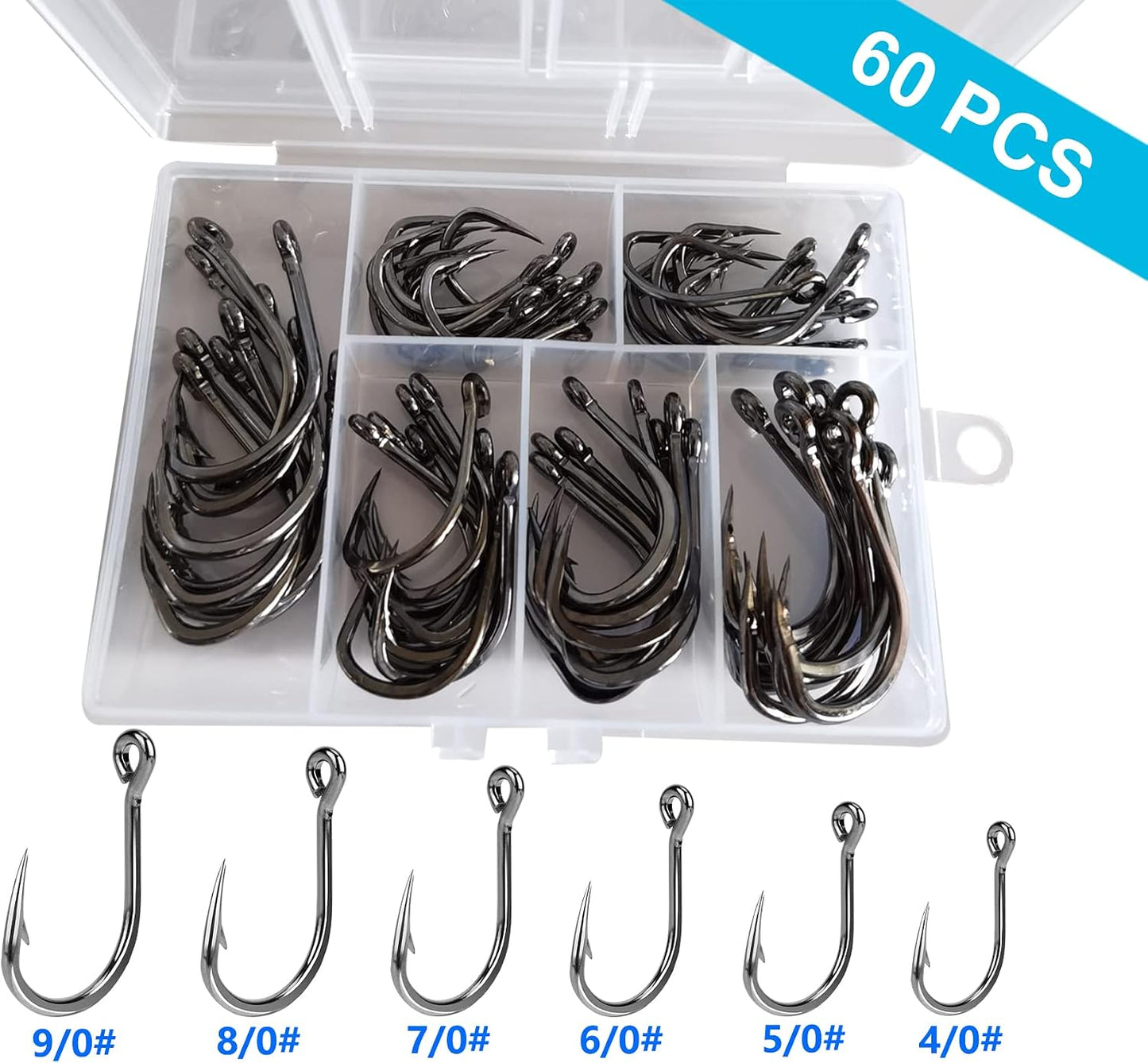 60 Pzas Anzuelos Acero Inox 4/0 a 9/0