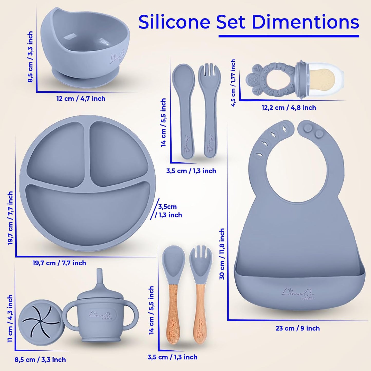 Set alimentación silicona bebé 10 pzas platos sin BPA gris