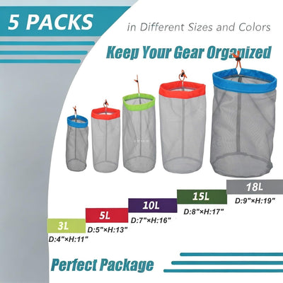 Juego 5 bolsas malla con cordón para viajes camping