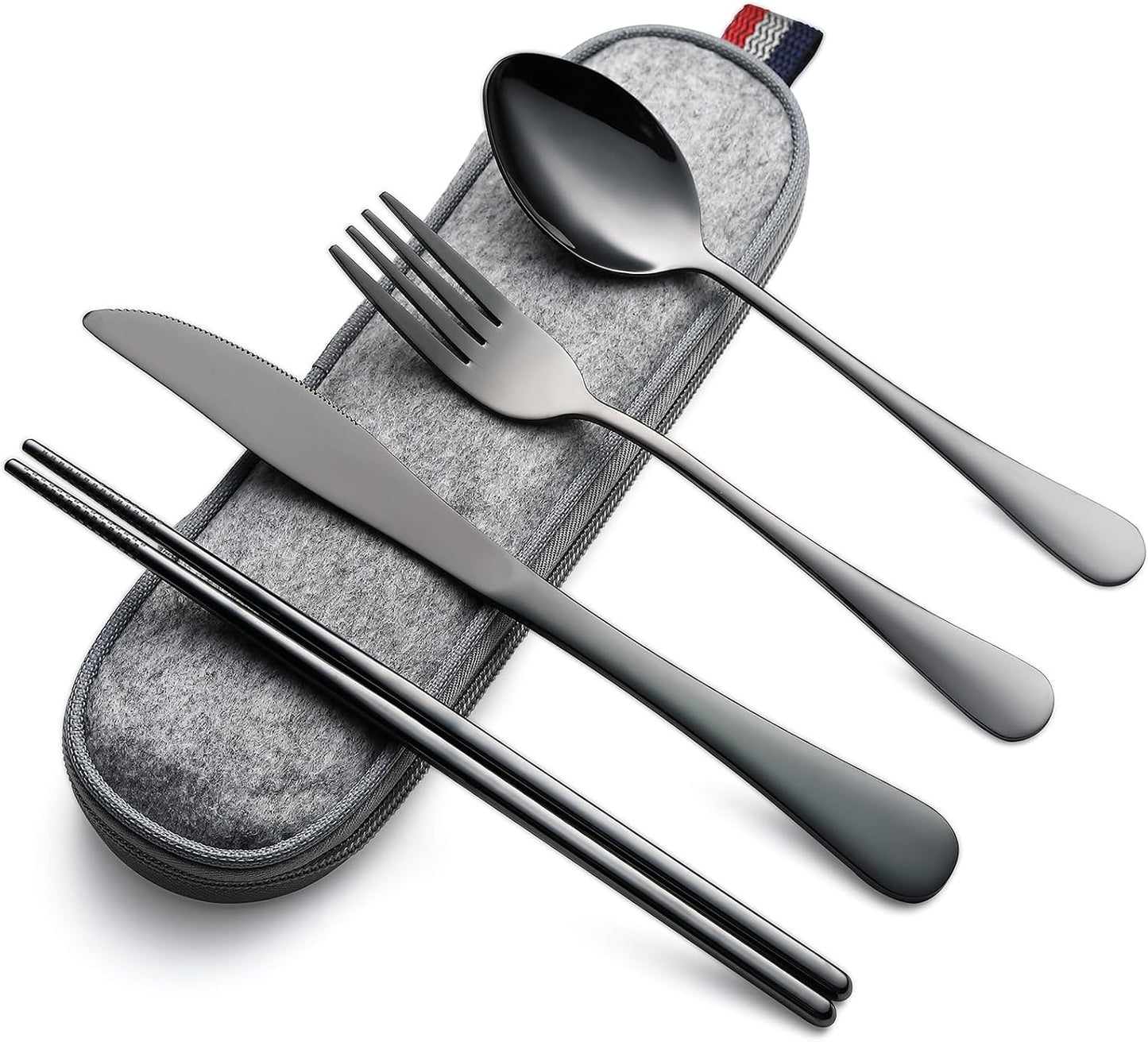 Juego cubiertos acero inox completo con funda negro